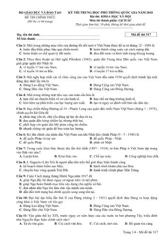 Đề thi chính thức môn Lịch sử THPT quốc gia năm 2018 - Mã đề thi 317 (Có đáp án)
