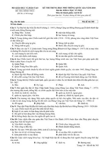 Đề thi chính thức môn Lịch sử THPT quốc gia năm 2018 - Mã đề thi 305 (Có đáp án)