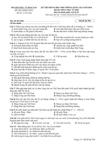 Đề thi chính thức môn Lịch sử THPT quốc gia năm 2018 - Mã đề thi 309 (Có đáp án)