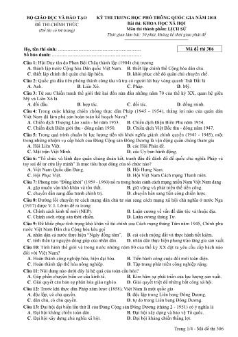 Đề thi chính thức môn Lịch sử THPT quốc gia năm 2018 - Mã đề thi 306 (Có đáp án)