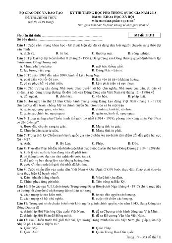 Đề thi chính thức môn Lịch sử THPT quốc gia năm 2018 - Mã đề thi 311 (Có đáp án)