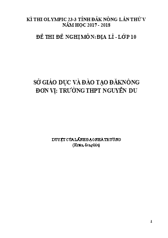 Đề thi đề nghị môn Địa lý Lớp 10 Kỳ thi Olympic 23-3 Tỉnh ĐăkNông lần thứ 5 - Năm học 2017-2018 - Trường THPT Nguyễn Du