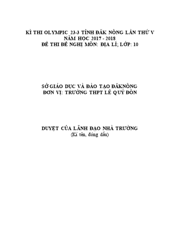 Đề thi đề nghị môn Địa lý Lớp 10 Kỳ thi Olympic 23-3 Tỉnh ĐăkNông lần thứ 5 - Năm học 2017-2018 - Trường THPT Lê Quý Đôn