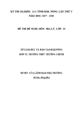 Đề thi đề nghị môn Địa lý Lớp 10 Kỳ thi Olympic 23-3 Tỉnh ĐăkNông lần thứ 5 - Năm học 2017-2018 - Trường THPT Trường Chinh
