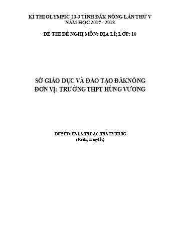 Đề thi đề nghị môn Địa lý Lớp 10 Kỳ thi Olympic 23-3 Tỉnh ĐăkNông lần thứ 5 - Năm học 2017-2018 - Trường THPT Hùng Vương