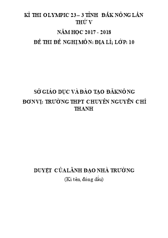 Đề thi đề nghị môn Địa lý Lớp 10 Kỳ thi Olympic 23-3 Tỉnh ĐăkNông lần thứ 5 - Năm học 2017-2018 - Trường THPT Chuyên Nguyễn Chí Thanh