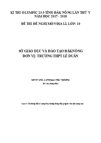 Đề thi đề nghị môn Địa lý Lớp 10 Kỳ thi Olympic 23-3 Tỉnh ĐăkNông lần thứ 5 - Năm học 2017-2018 - Trường THPT Lê Duẩn