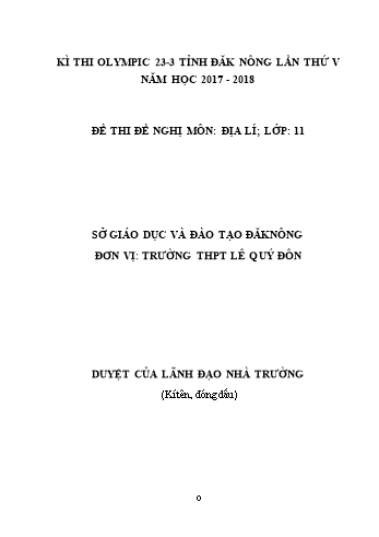 Đề thi đề nghị môn Địa lý Lớp 11 Kỳ thi Olympic 23-3 Tỉnh ĐăkNông lần thứ 5 - Năm học 2017-2018 - Trường THPT Lê Quý Đôn