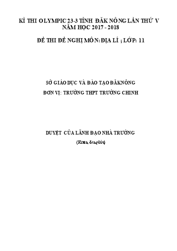 Đề thi đề nghị môn Địa lý Lớp 11 Kỳ thi Olympic 23-3 Tỉnh ĐăkNông lần thứ 5 - Năm học 2017-2018 - Trường THPT Trường Chinh