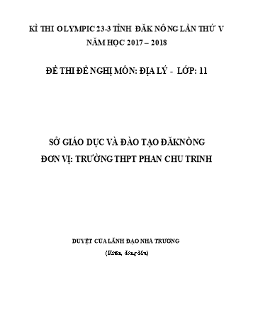 Đề thi đề nghị môn Địa lý Lớp 11 Kỳ thi Olympic 23-3 Tỉnh ĐăkNông lần thứ 5 - Năm học 2017-2018 - Trường THPT Phan Chu Trinh