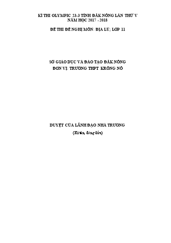 Đề thi đề nghị môn Địa lý Lớp 11 Kỳ thi Olympic 23-3 Tỉnh ĐăkNông lần thứ 5 - Năm học 2017-2018 - Trường THPT Krông Nô
