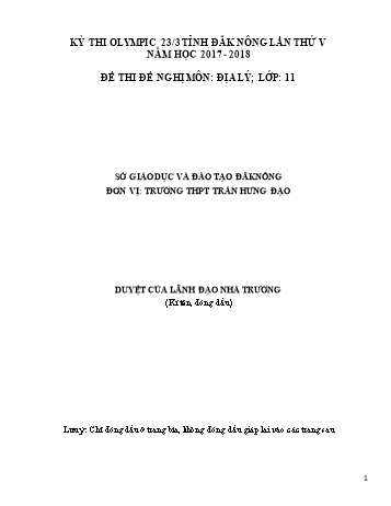 Đề thi đề nghị môn Địa lý Lớp 11 Kỳ thi Olympic 23-3 Tỉnh ĐăkNông lần thứ 5 - Năm học 2017-2018 - Trường THPT Trần Hưng Đạo