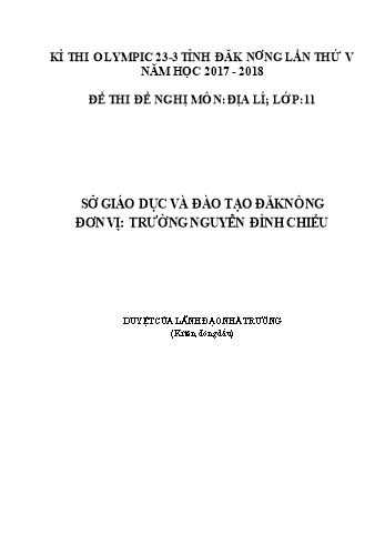 Đề thi đề nghị môn Địa lý Lớp 11 Kỳ thi Olympic 23-3 Tỉnh ĐăkNông lần thứ 5 - Năm học 2017-2018 - Trường THPT Nguyễn Đình Chiểu