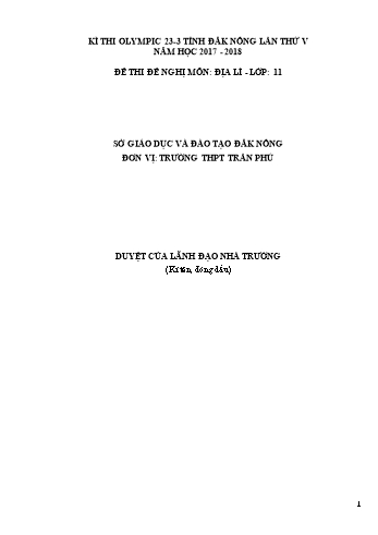 Đề thi đề nghị môn Địa lý Lớp 11 Kỳ thi Olympic 23-3 Tỉnh ĐăkNông lần thứ 5 - Năm học 2017-2018 - Trường THPT Trần Phú