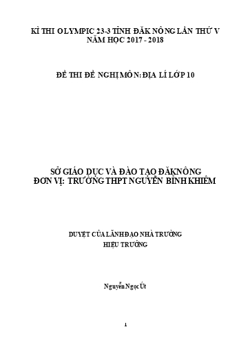 Đề thi đề nghị môn Địa lý Lớp 11 Kỳ thi Olympic 23-3 Tỉnh ĐăkNông lần thứ 5 - Năm học 2017-2018 - Trường THPT Nguyễn Bỉnh Khiêm