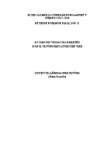 Đề thi đề nghị môn Địa lý Lớp 11 Kỳ thi Olympic 23-3 Tỉnh ĐăkNông lần thứ 5 - Năm học 2017-2018 - Trường THPT Lương Thế Vinh