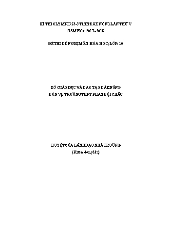 Đề thi đề nghị môn Hóa học Lớp 10 Kỳ thi Olympic 23-3 Tỉnh ĐăkNông lần thứ 5 - Năm học 2017-2018 - Trường THPT Phan Bội Châu