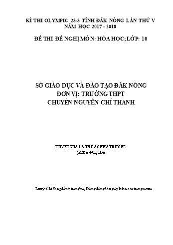 Đề thi đề nghị môn Hóa học Lớp 10 Kỳ thi Olympic 23-3 Tỉnh ĐăkNông lần thứ 5 - Năm học 2017-2018 - Trường THPT Chuyên Nguyễn Chí Thanh