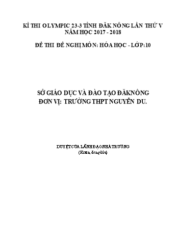 Đề thi đề nghị môn Hóa học Lớp 10 Kỳ thi Olympic 23-3 Tỉnh ĐăkNông lần thứ 5 - Năm học 2017-2018 - Trường THPT Nguyễn Du