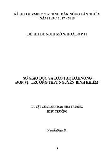 Đề thi đề nghị môn Hóa học Lớp 11 Kỳ thi Olympic 23-3 Tỉnh ĐăkNông lần thứ 5 - Năm học 2017-2018 - Trường THPT Lương Thế Vinh