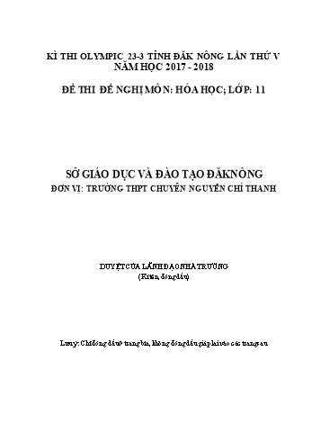 Đề thi đề nghị môn Hóa học Lớp 11 Kỳ thi Olympic 23-3 Tỉnh ĐăkNông lần thứ 5 - Năm học 2017-2018 - Trường THPT Chuyên Nguyễn Chí Thanh