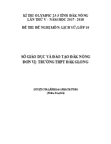 Đề thi đề nghị môn Lịch sử Lớp 10 Kỳ thi Olympic 23-3 Tỉnh ĐăkNông lần thứ 5 - Năm học 2017-2018