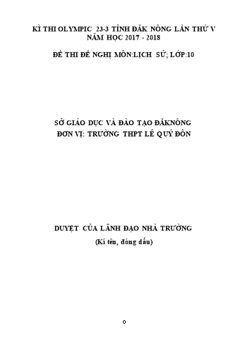 Đề thi đề nghị môn Lịch sử Lớp 10 Kỳ thi Olympic 23-3 Tỉnh ĐăkNông lần thứ 5 - Năm học 2017-2018 - Trường THPT Lê Quý Đôn