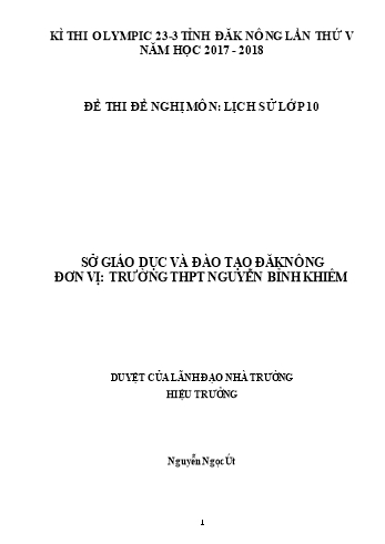 Đề thi đề nghị môn Lịch sử Lớp 10 Kỳ thi Olympic 23-3 Tỉnh ĐăkNông lần thứ 5 - Năm học 2017-2018 - Trường THPT Nguyễn Bỉnh Khiêm