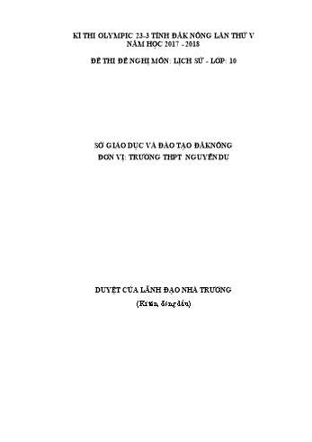 Đề thi đề nghị môn Lịch sử Lớp 10 Kỳ thi Olympic 23-3 Tỉnh ĐăkNông lần thứ 5 - Năm học 2017-2018 - Trường THPT Nguyễn Du