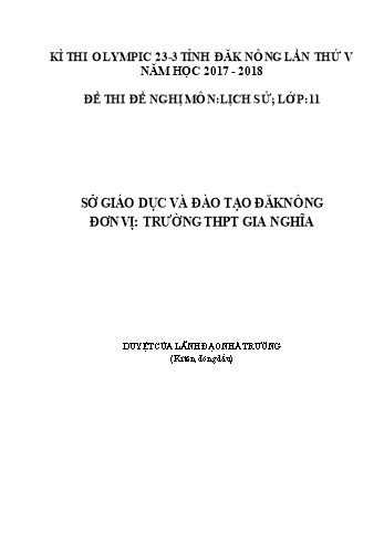 Đề thi đề nghị môn Lịch sử Lớp 11 Kỳ thi Olympic 23-3 Tỉnh ĐăkNông lần thứ 5 - Năm học 2017-2018 - Trường THPT Gia Nghĩa