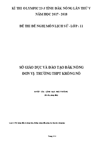 Đề thi đề nghị môn Lịch sử Lớp 11 Kỳ thi Olympic 23-3 Tỉnh ĐăkNông lần thứ 5 - Năm học 2017-2018 - Trường THPT Krông Nô