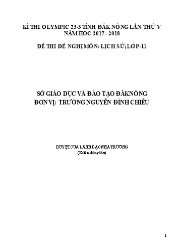 Đề thi đề nghị môn Lịch sử Lớp 11 Kỳ thi Olympic 23-3 Tỉnh ĐăkNông lần thứ 5 - Năm học 2017-2018 - Trường THPT Nguyễn Đình Chiểu