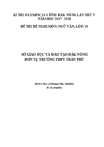 Đề thi đề nghị môn Ngữ văn Lớp 10 Kỳ thi Olympic 23-3 Tỉnh ĐăkNông lần thứ 5 - Năm học 2017-2018 - Trường THPT Trần Phú