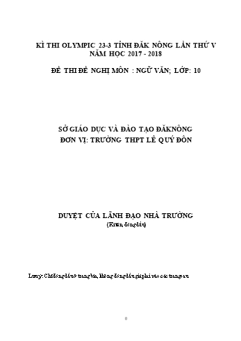 Đề thi đề nghị môn Ngữ văn Lớp 10 Kỳ thi Olympic 23-3 Tỉnh ĐăkNông lần thứ 5 - Năm học 2017-2018 - Trường THPT Lê Quý Đôn