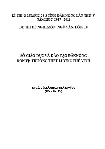 Đề thi đề nghị môn Ngữ văn Lớp 10 Kỳ thi Olympic 23-3 Tỉnh ĐăkNông lần thứ 5 - Năm học 2017-2018 - Trường THPT Lương Thế Vinh