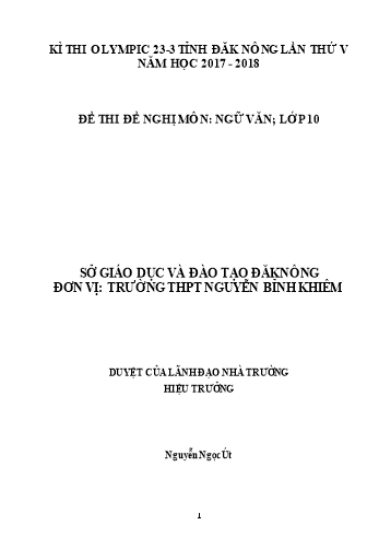 Đề thi đề nghị môn Ngữ văn Lớp 10 Kỳ thi Olympic 23-3 Tỉnh ĐăkNông lần thứ 5 - Năm học 2017-2018 - Trường THPT Nguyễn Bỉnh Khiêm