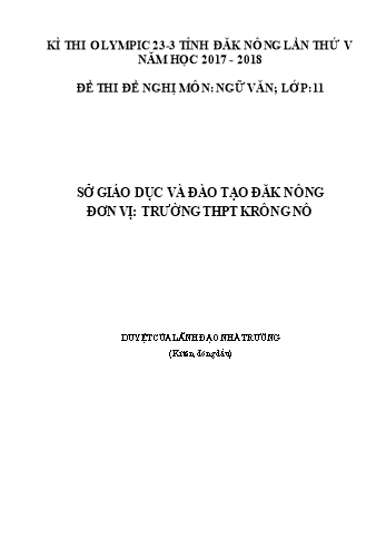 Đề thi đề nghị môn Ngữ văn Lớp 11 Kỳ thi Olympic 23-3 Tỉnh ĐăkNông lần thứ 5 - Năm học 2017-2018 - Trường THPT Krông Nô