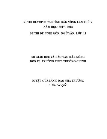 Đề thi đề nghị môn Ngữ văn Lớp 11 Kỳ thi Olympic 23-3 Tỉnh ĐăkNông lần thứ 5 - Năm học 2017-2018 - Trường THPT Trường Chinh
