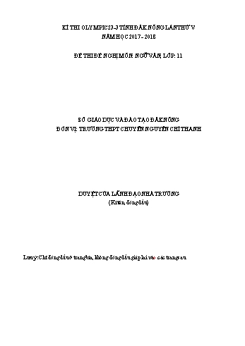 Đề thi đề nghị môn Ngữ văn Lớp 11 Kỳ thi Olympic 23-3 Tỉnh ĐăkNông lần thứ 5 - Năm học 2017-2018 - Trường THPT Chuyên Nguyễn Chí Thanh