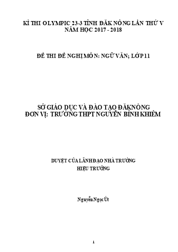 Đề thi đề nghị môn Ngữ văn Lớp 11 Kỳ thi Olympic 23-3 Tỉnh ĐăkNông lần thứ 5 - Năm học 2017-2018 - Trường THPT Nguyễn Bỉnh Khiêm