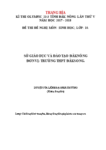 Đề thi đề nghị môn Sinh học Lớp 10 Kỳ thi Olympic 23-3 Tỉnh ĐăkNông lần thứ 5 - Năm học 2017-2018 - Trường THPT ĐăkSong