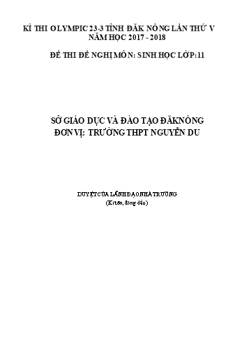 Đề thi đề nghị môn Sinh học Lớp 11 Kỳ thi Olympic 23-3 Tỉnh ĐăkNông lần thứ 5 - Năm học 2017-2018 - Trường THPT Nguyễn Du