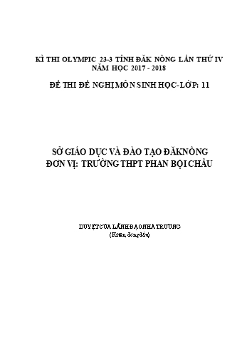 Đề thi đề nghị môn Sinh học Lớp 11 Kỳ thi Olympic 23-3 Tỉnh ĐăkNông lần thứ 5 - Năm học 2017-2018 - Trường THPT Phan Bội Châu