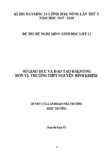 Đề thi đề nghị môn Sinh học Lớp 11 Kỳ thi Olympic 23-3 Tỉnh ĐăkNông lần thứ 5 - Năm học 2017-2018 - Trường THPT Nguyễn Bỉnh Khiêm