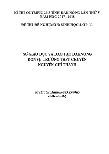 Đề thi đề nghị môn Sinh học Lớp 11 Kỳ thi Olympic 23-3 Tỉnh ĐăkNông lần thứ 5 - Năm học 2017-2018 - Trường THPT Chuyên Nguyễn Chí Thanh