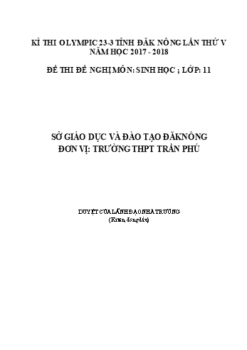 Đề thi đề nghị môn Sinh học Lớp 11 Kỳ thi Olympic 23-3 Tỉnh ĐăkNông lần thứ 5 - Năm học 2017-2018 - Trường THPT Trần Phú