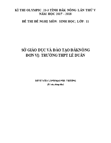 Đề thi đề nghị môn Sinh học Lớp 11 Kỳ thi Olympic 23-3 Tỉnh ĐăkNông lần thứ 5 - Năm học 2017-2018 - Trường THPT Lê Duẩn