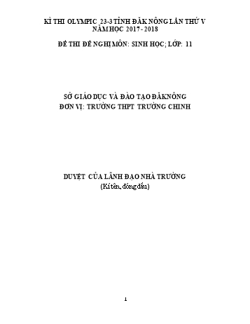 Đề thi đề nghị môn Sinh học Lớp 11 Kỳ thi Olympic 23-3 Tỉnh ĐăkNông lần thứ 5 - Năm học 2017-2018 - Trường THPT Trường Chinh