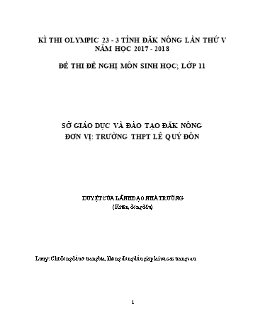 Đề thi đề nghị môn Sinh học Lớp 11 Kỳ thi Olympic 23-3 Tỉnh ĐăkNông lần thứ 5 - Năm học 2017-2018 - Trường THPT Lê Quý Đôn