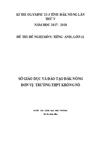 Đề thi đề nghị môn Tiếng Anh Lớp 11 Kỳ thi Olympic 23-3 Tỉnh ĐăkNông lần thứ 5 - Năm học 2017-2018 - Trường THPT Krông Nô